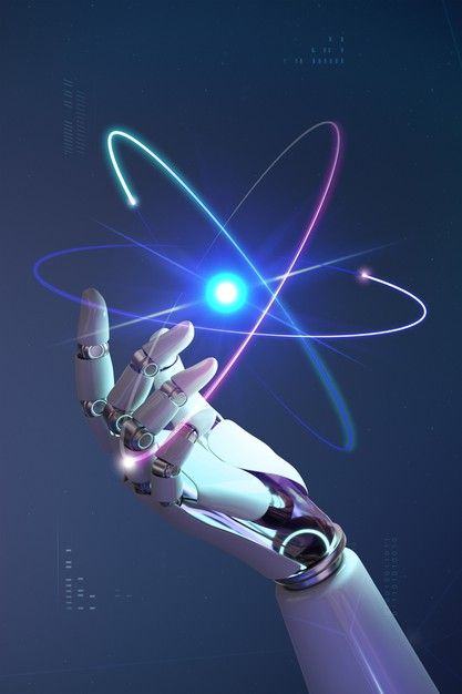 Advanced AI research with robotic hand and atomic structures