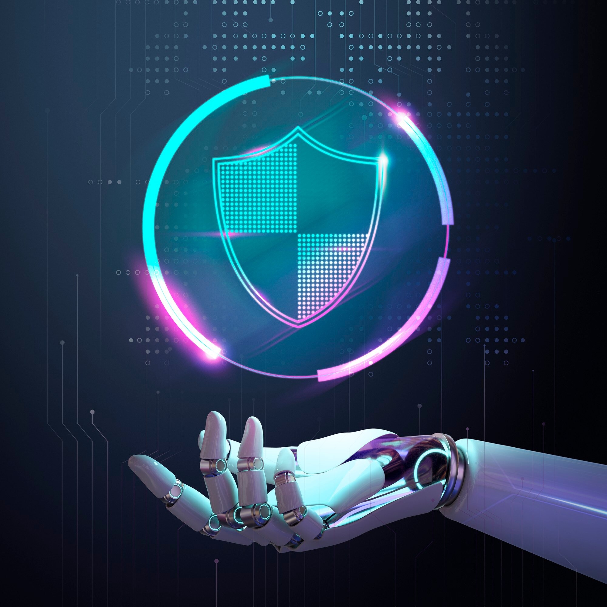 AI Safety and Alignment - Robotic hand protecting with digital shield